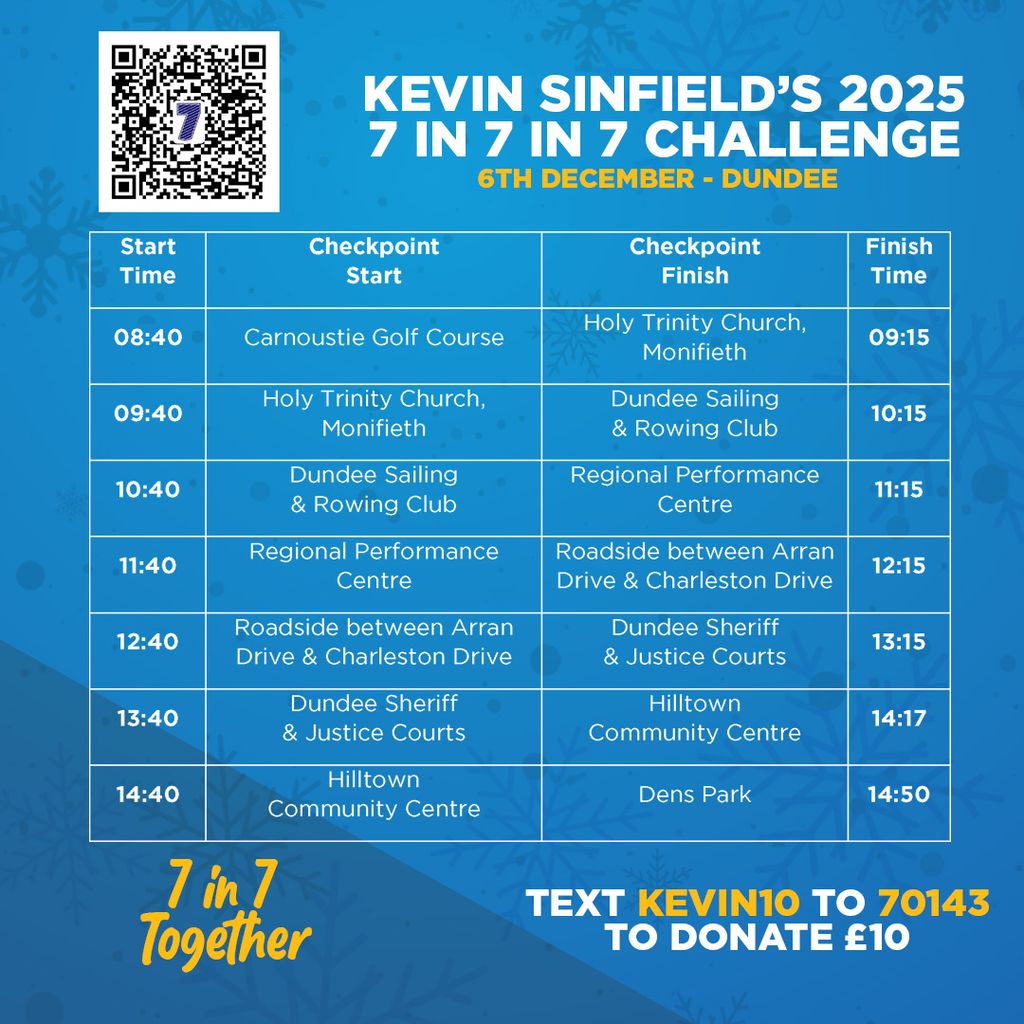 The Dundee schedule for Kevin Sinfield's 2025 7 in 7 in 7 Challenge