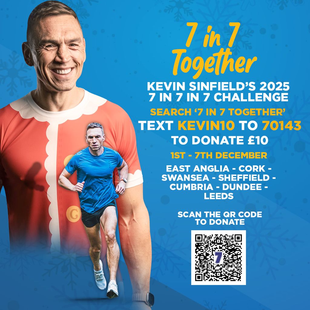 A Poster for Kevin Sinfield's 2025 7 in 7 in 7 Challenge. This also includes a QR code to donate